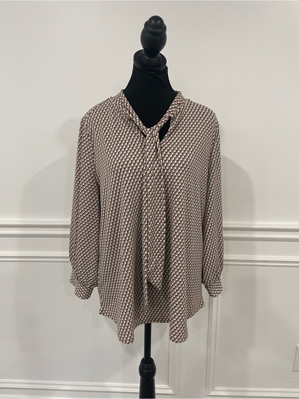 Adrianna Papell Taupe and Black Tie-Neck Geometric Blouse